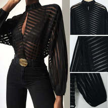 Sexy Black Women Mesh Sheer Blouses Ladies Long Sleeve Striped Front Hol... - $7.97+