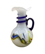 Murano Pitcher White Glass Swirls Cobalt Applied Handle 6.5” READ - $677.21 MXN