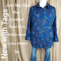 Just My Size Blue Floral Print Crinkled Lightweight Button Down Top Size 1X - £11.19 GBP