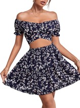 LYANER Women&#39;s 2 Piece Outfits Floral Off Shoulder Tie Up Crop Top and M... - £41.31 GBP