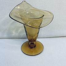 MCM Vtg Hand-Blown Amber Glass Yellow Vase Folded Open Top Pedestal Much Detail - £30.64 GBP