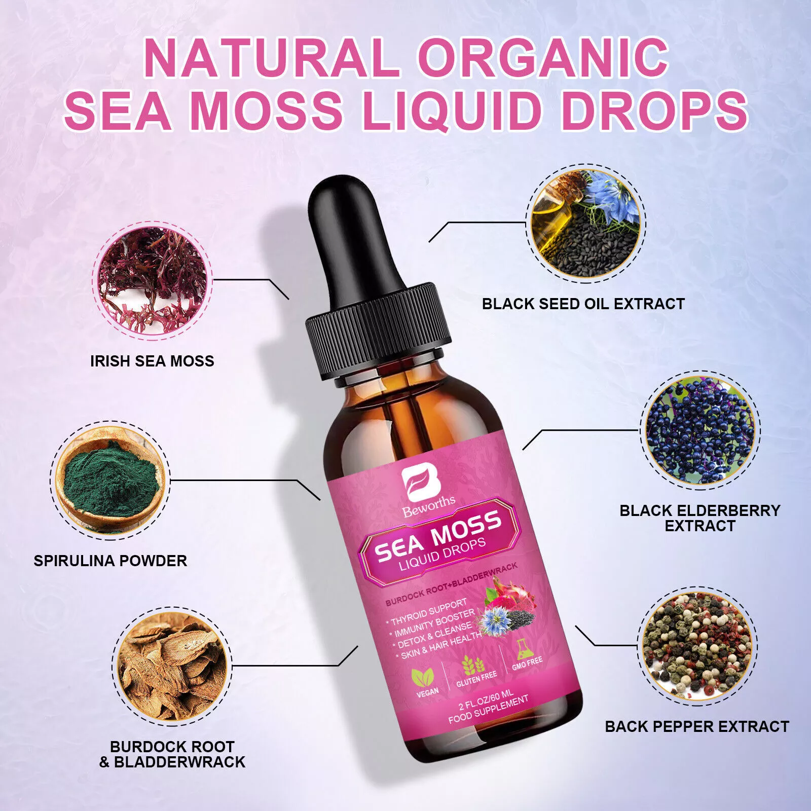 10000mg Sea Moss Liquid Drops With Bladderwrack Thyroid Support Immune B... - $39.98