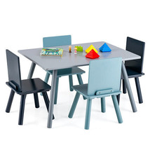 5 Pieces Kids Wooden Activity Play Furniture Set with Building Blocks-Blue - $179.49