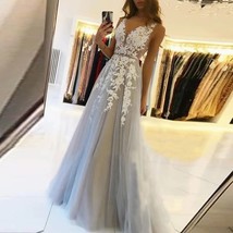 V Neck Long Prom Dresses 2023 For Women Sexy Gray Summer Backless White Lace - £119.47 GBP