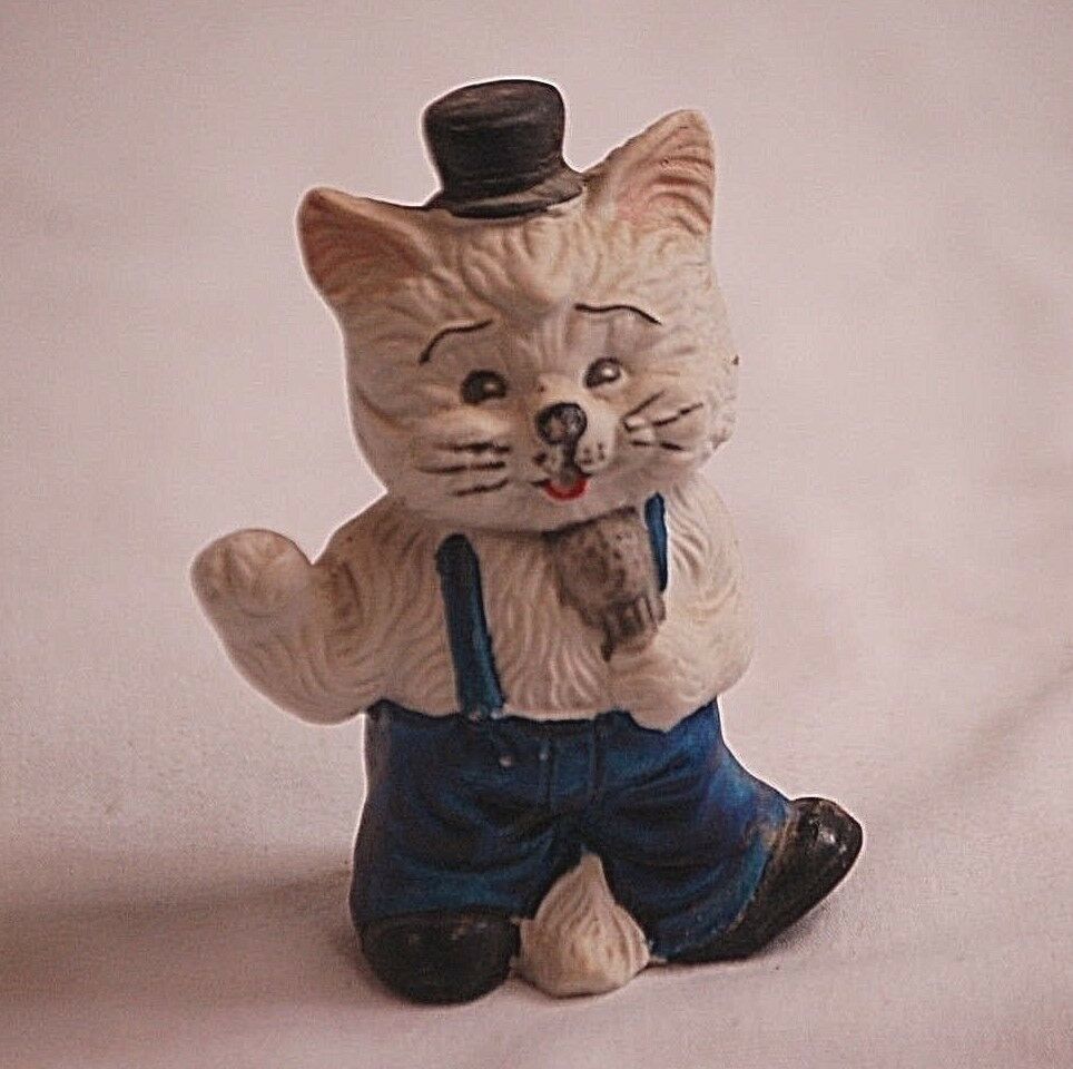 Whimsical Mini Mr. Gray Fox w Black Top Hat Bisque Figurine Shadow Box S... - $6.92