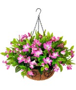 Fake Hanging Plant Silk Azalea In Basket Faux Flower Arrangement For Gar... - £33.25 GBP