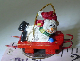 Snowman on Red Sled Ornament Christmas Tree Miniature Hanging Home Decoration - £4.65 GBP