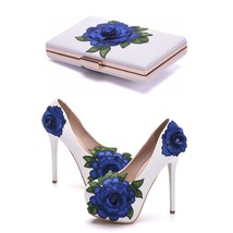 Blue Lace Flower Bride Shoes High Heel Wedding Dress Shoes With Matching Bag Cut - £87.80 GBP