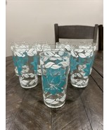 Swanky Swig Glasses MCM Turquoise Blue Flowers Floral Set of 8 Tumbler J... - $69.29