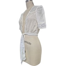 Vtg 70s messy coquette White Cropped Blouse w/ Rose Lace Tie Front Small... - $67.32
