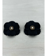 Black Flower Metal Plastic Earrings Pierced Stud Faux Pearl - £10.88 GBP