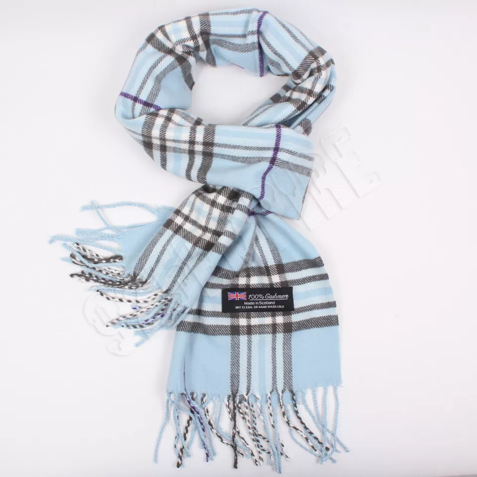 100% CASHMERE Plaid Scarves Warm Solid Plain Winter Check Scarf (Baby Blue) - $18.00