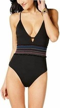 Bar III Smocked Plunging One Piece Swimsuit Black XS New Rainbow Embroidered - £16.03 GBP