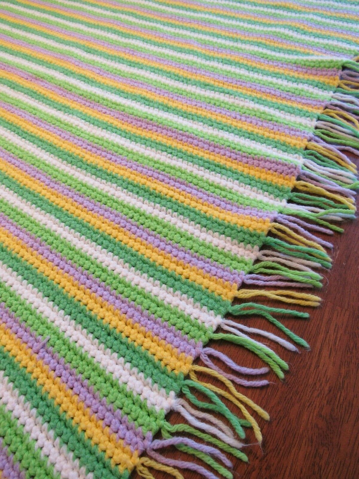 LONG AFGHAN BLANKET Handmade Crochet Quilt Throw 80x38 striped green blue - $24.99