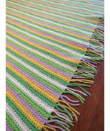 LONG AFGHAN BLANKET Handmade Crochet Quilt Throw 80x38 striped green blue - £18.10 GBP