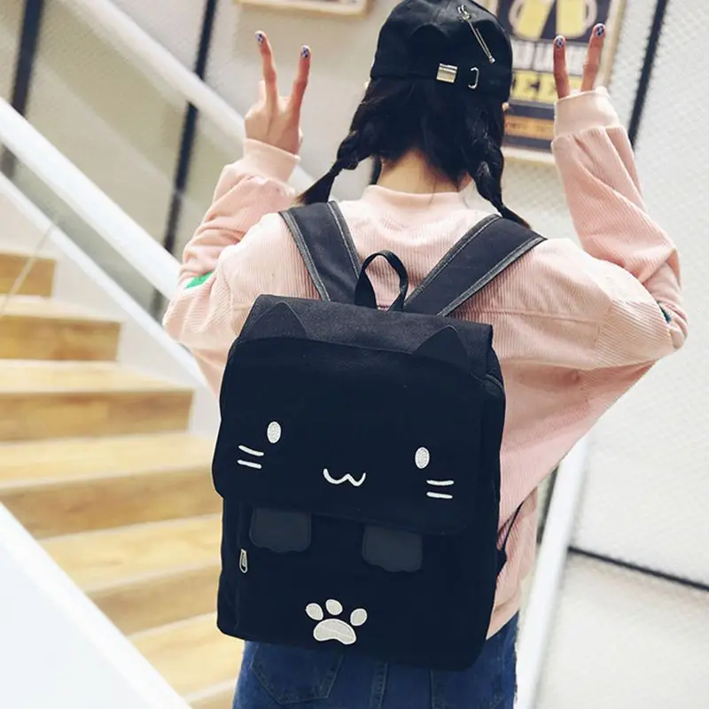 fashion Cute Cat Embroidery Canvas Student bag s Women Backpack School bag black - $69.95