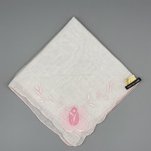 Vintage Handkerchief Cotton Embroidered Pink Flowers Floral Hanky Cocktail Size - £9.41 GBP