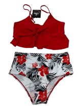 Forever Young Womens S Bikini Flutter Strappy Red Top High Waist Tropical Black - $14.89