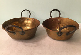 Lot of 2 Vintage Antique Copper Brass Dented Patina Pot Planters With Ha... - $53.99