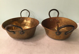 Lot of 2 Vintage Antique Copper Brass Dented Patina Pot Planters With Handles - £43.15 GBP