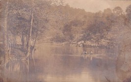 Two Men Boat Lake Trees RPPC Real Photo Postcard E18 - $9.99