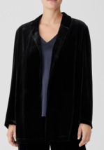 Eileen Fisher Sz M Long Blazer Black Silk Velvet Open Jacket Cardigan $398! - £130.95 GBP