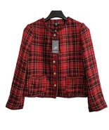 Adrianna Papell Tweed Jacket Womens M Red Black Gold Accents Holiday Coc... - $37.08