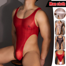 Men&#39;s Bodysuit Sheer Oil Slim Pouch String Thong Underwear Sexy Bikini S... - £7.64 GBP