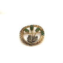 Vintage Gold Filled Art Deco Filigree Open Works Jade Stone Floral Oval Brooch - £35.10 GBP