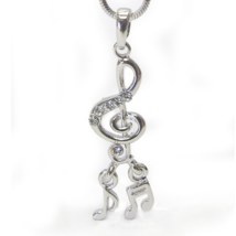 Musical Notes Dangle Pendant Necklace White Gold Crystal - £10.55 GBP