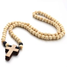 Small Cross Pedant Wooden Necklace Catholic Christian Jewelry Chain 26&quot; Gift - £15.83 GBP