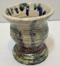Vintage Handmade Signed Pottery Drip Glaze Small Cup Toothpick Holder Vase 2.5&quot; - £18.32 GBP
