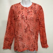 Theory S Coral Orange Splatter Print Sheer Cotton Silk Long-Sleeve Top  - £20.42 GBP