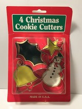 4 Merry Christmas Cookie Cutters Metal Star Snowman Holly Bell &amp; Recipes Fox Run - £3.15 GBP