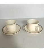 Vintage stoneware two coffee cups mugs and saucers brown trim on saucers - £19.37 GBP