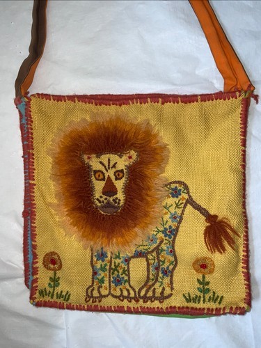 Embroidered Cat lion Theme Tote Yellow Messenger Handmade Purse Handbag - £22.33 GBP