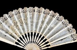 Antique 1900s Lace Sequin Victorian Flowered Ladies Hand Held Fan Off White image 6