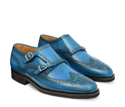 New Monk Handmade Leather Blue color Wing Tip Brogue Shoe For Men&#39;s - £125.07 GBP