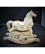 Christmas Rocking Horse Bisque Music Box Gold Trim Accents 8.5&quot; White Vi... - £29.56 GBP