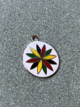 Vintage Small White Enamel w Red Blue Green &amp; Yellow Spikey Star Flower Silverto - £7.60 GBP