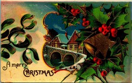 A Merry Christmas Mistletoe Holly Gilt Bridge Scecne Embossed UNP 1910s Postcard - £7.23 GBP