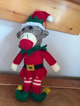 Small Classic Sock Monkey w Christmas Holiday ELF Costume Stuffed Animal w Hange - $11.29