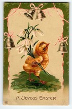 Easter Postcard Baby Chick Holds Lily Flowers Embossed Bells Germany Vintage EAS - £11.14 GBP