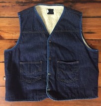 Vtg Roebucks Sears Blue Jean Denim Snap Up Fleece Lined Sleeveless Vest M-L 44&quot; - £19.58 GBP