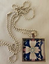 Pink White Blue Floral 1” X 1” Pendant Necklace  Silver 24” Ball Chain H... - £5.56 GBP