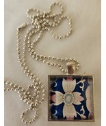 Pink White Blue Floral 1” X 1” Pendant Necklace  Silver 24” Ball Chain H... - £5.58 GBP