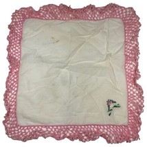 Vintage Embroidered Handkerchief Hanky Floral Flower Wide Pink Crochet Border - $13.08