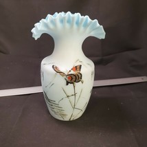 Victorian Blue Satin Glass Ruffle Fan Vase with Butterfly &amp; Bird Decoration 7&quot; - £21.25 GBP