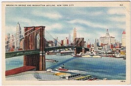 Postcard New York City Brooklyn Bridge &amp; Manhattan Skyline - $2.85