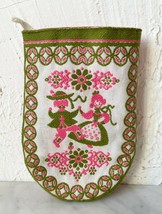 Vintage Austrian Folk Art Woven Oven Mitt -  Pink Green Dancing Couple - $23.70